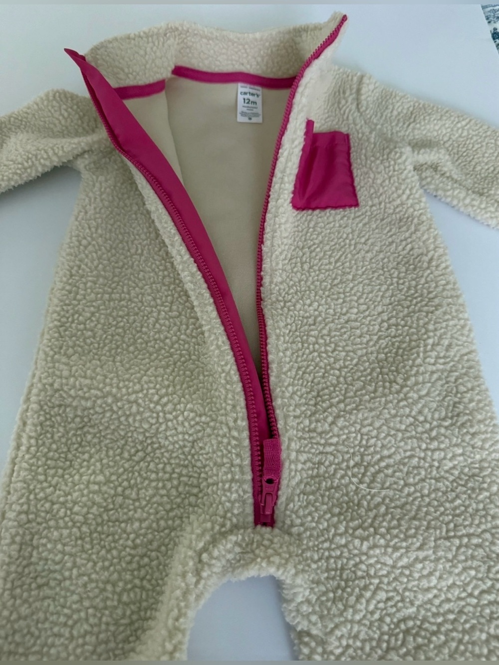 Carter’s Baby Girl 12M Sherpa Fleece One-Piece Jumpsuit Cream Pink Full Zip - Picture 8 of 13